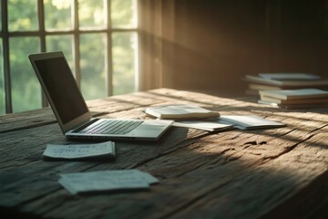 Poster - serene study setting with open laptop on rustic wooden desk surrounded by scattered notes and textbooks bathed in soft