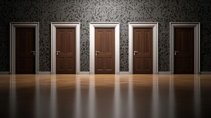 Poster - An open door invites exploration in a room adorned with intricate wallpaper and a gleaming wooden floor, creating an atmosphere of curiosity and anticipation