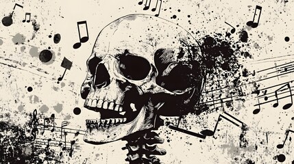 Poster - Grunge Skull Splattered with Musical Notes and Paint