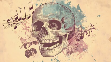 Poster - Grunge Skull with Musical Notes and Watercolor Splash Abstract Art