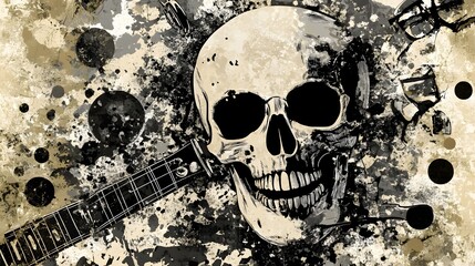 Poster - Grunge Skull with Splattered Ink and Paint Texture in Monochrome Color