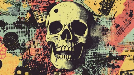 Poster - Grunge Skull with Vibrant Overlapping Patterns and Textures