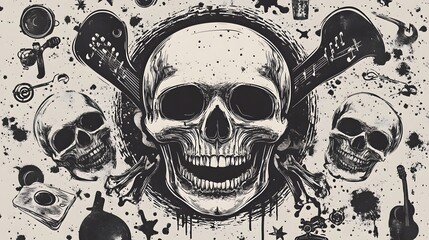 Poster - Grungy Black and White Skull and Crossbones Abstract Graphic with Paint Splatters