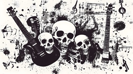 Poster - Grungy Skull and Guitar Artwork - Striking Abstract Music with Splatter Paint Textures