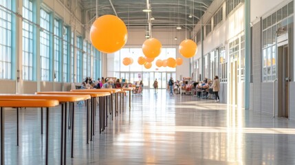 Poster - vibrant photo of indoor community hall with bustling tables shoppers browsing and ample natural light providing wide