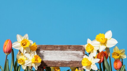 Poster - vibrant shot of blooming daffodils and tulips surrounding rustic easter sign set against bright blue sky leaving clean