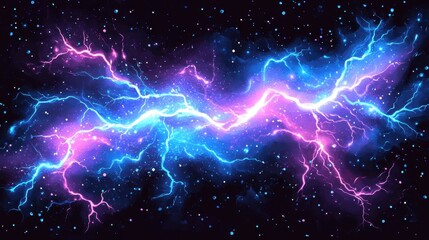Poster - Electric Cosmic Storm with Vibrant Blue and Pink Lightning Streaks in Dark Space Background with Stars and Particles