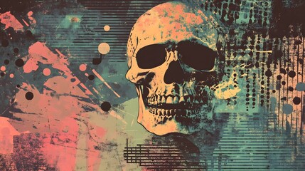 Poster - Grungy Skull Digital Art Abstract with Colorful Splash and Dystopian Technological Backdrop