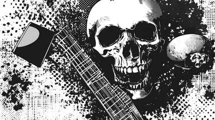 Poster - Grungy Skull Graphic with Guitar and Distressed Textures in Moody Black and White Tones