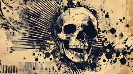 Poster - Grungy Skull Explosion Artwork in Dark Monochrome Color Scheme with Dramatic Ink Splatter Effects