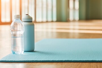 Poster - close-up of yoga mat and water bottle on hardwood floor with natural sunlight streaming in
