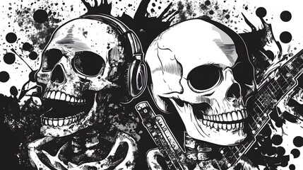 Poster - Grungy Skull Headphones Digital Art with Splatter Textures in Black and White