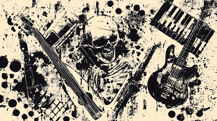 Poster - Grungy Skull Guitar Artwork with Monochrome Splash Background