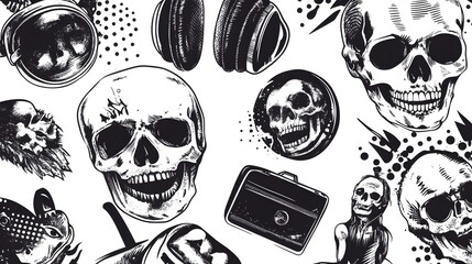 Poster - Grungy Skull Motifs with Headphones Evoking Dark and Ominous Atmosphere