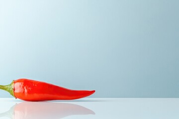 Poster - clean shot of single red chili displayed on smooth white surface with reflections and ample copy space