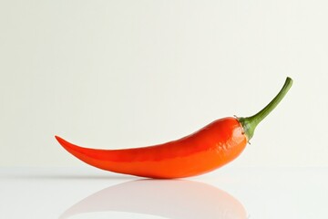 Poster - clean shot of single red chili displayed on smooth white surface with reflections and ample copy space