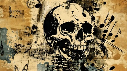 Poster - Grungy Skull with Gothic and Punk Rock Themes in Dark, Moody Atmosphere