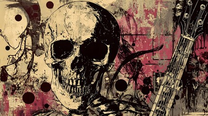 Poster - Grungy Skull with Guitar Painting on Distressed Textured Background in Gothic Horror Style