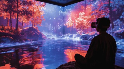Poster - User engages with a digital therapy session in a calming virtual landscape filled with vibrant colors and reflective water, enhancing mental wellness and mindfulness.