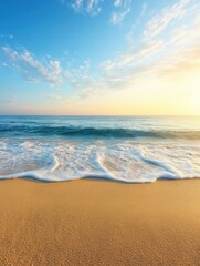 Poster - Serene beach vista featuring golden sand turquoise water gentle waves and a vibrant sky at sunrise creating a peaceful seascape