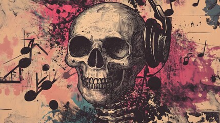 Poster - Grungy Skull with Music Notes Abstract Digital Art Background