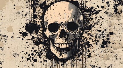 Poster - Grungy Skull with Monochrome Splash Effects for Dark and Haunting Atmosphere