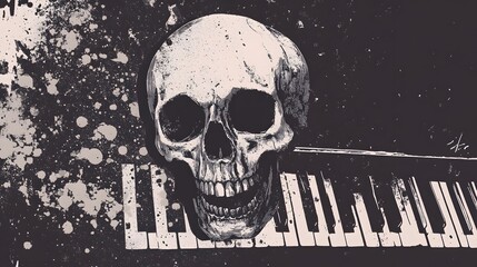 Poster - Haunting Melodies from the Dark Abyss:Skull Silhouette on Piano Keys