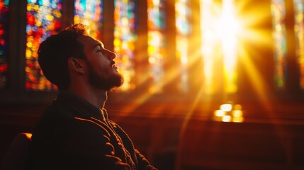 Aufkleber - In a tranquil church, a man sits quietly, absorbing the golden sunlight streaming through colorful stained glass windows. The atmosphere is peaceful and reflective as he embraces the moment.