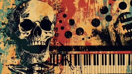 Poster - Haunting Melodies of the Underworld - Skeleton Pianist Against Grunge Backdrop