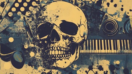 Poster - Haunting Melodies:Skull and Piano Against Grunge Backdrop
