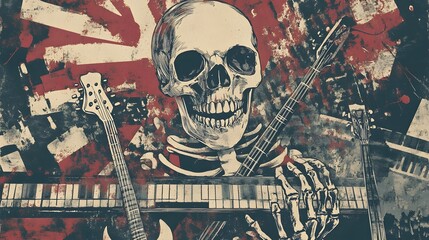 Poster - Haunting Melodies:Skull and Bone-Filled Musical Instruments in Grunge Collage