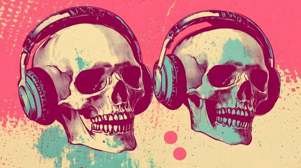 Poster - Haunting Melodies:Skull Headphones Captivating the Senses in a Surreal Digital Realm