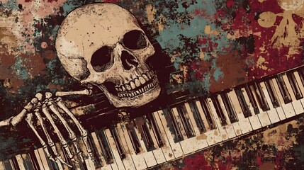 Poster - Haunting Melody of the Skeletal Pianist - Eerie Musical Instrument and Grunge Skull Artwork