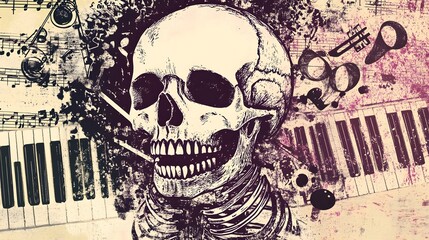 Poster - Haunting Melody of the Skeletal Pianist in the Realm of the Macabre
