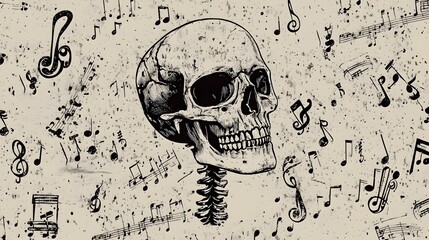 Poster - Haunting Melody of the Skeletal Symphony - Monochrome Skull and Musical Notes Artwork