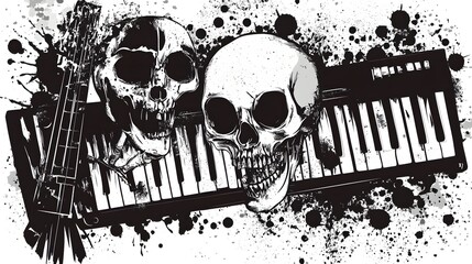 Poster - Haunting Melody:Skull Silhouette Emerging from Pulsing Piano Keys in Grungy, Monochrome Composition