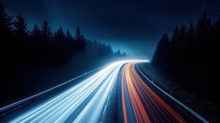 Poster - Time exposure of a highway at night with light trails and dark forest under a starry sky creating a dynamic scene