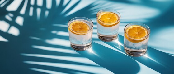 Poster - Refreshing citrus infused water in glasses under palm leaf shadows on a vibrant blue background evoking a tropical summer mood