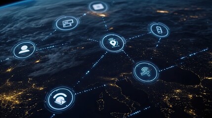 Leinwandbilder - Visual representation of a global network with digital icons highlighting data transfer and connectivity in a sleek blue design