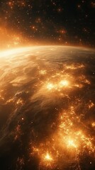 Poster - Fiery cosmic view of planet earth from space with glowing city lights and starry sky background
