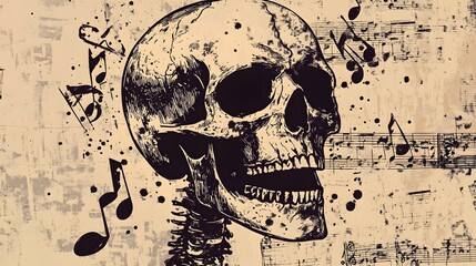 Poster - Haunting Musical Skull in Grungy Abstract Monochrome Background
