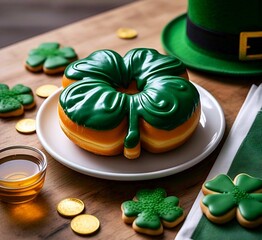 Delicious four-leaf clover shaped donut, surrounded by shamrock-shaped cookies, glazed in green and ready to bring good luck on St. Patrick's Day