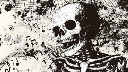 Poster - Haunting Skeletal Composition with Musical Notes and Eerie Atmosphere