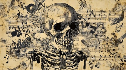 Poster - Haunting Skeletal Remains Amid Vintage Music Notation on Aged Grunge Background
