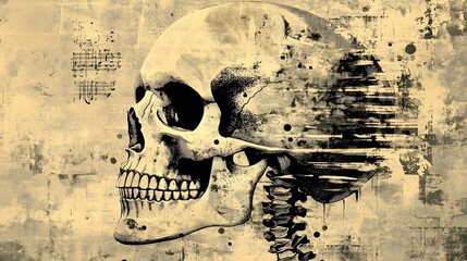 Poster - Haunting Skeletal Visage in Gritty Monochrome Aesthetic