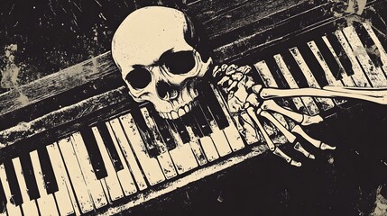 Poster - Haunting Skeleton Pianist Performs on Eerie Monochrome Piano Keys in Dark Gothic Atmosphere