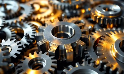 Looped 3D animation of a gear mechanism group. Close-up. Defocus.Industrial video background with gears. 3d animation.Gears rotation mechanism. Industrial animated motion background in 3d.