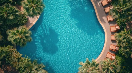 Poster - Aerial View of Serene Swimming Pool Surrounded by Tropical Palm Trees and Lounge Chairs in a Luxury Resort Capturing Tranquility and Relaxation