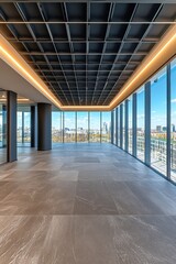 Poster - Spacious modern office interior with panoramic city view and stylish ceiling lighting design