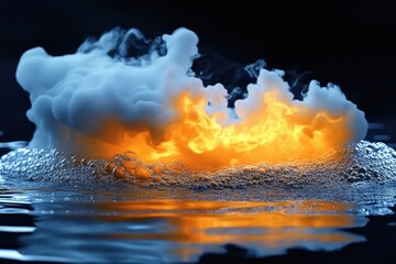 Poster - Dramatic close up of fire and ice effect with bubbles and reflection against a dark background creating a moody and captivating visual